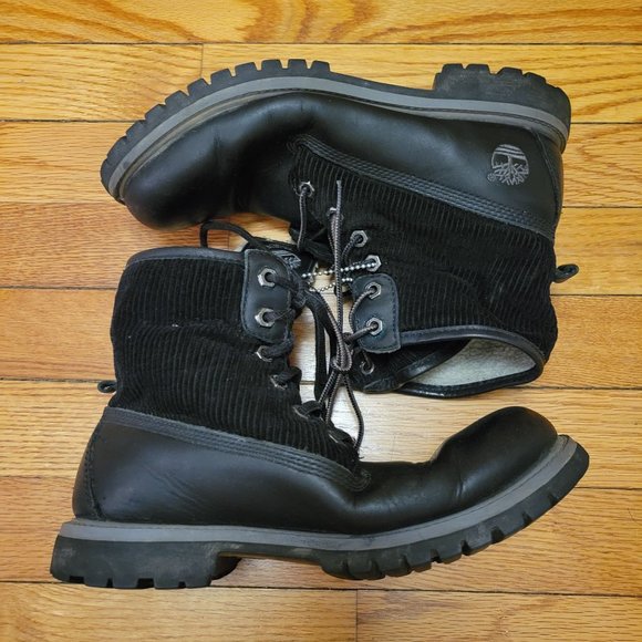 Timberland 8M Black‎ Leather Lace Up Ankle Boots Waterproof Foldover Corduroy - Picture 1 of 11
